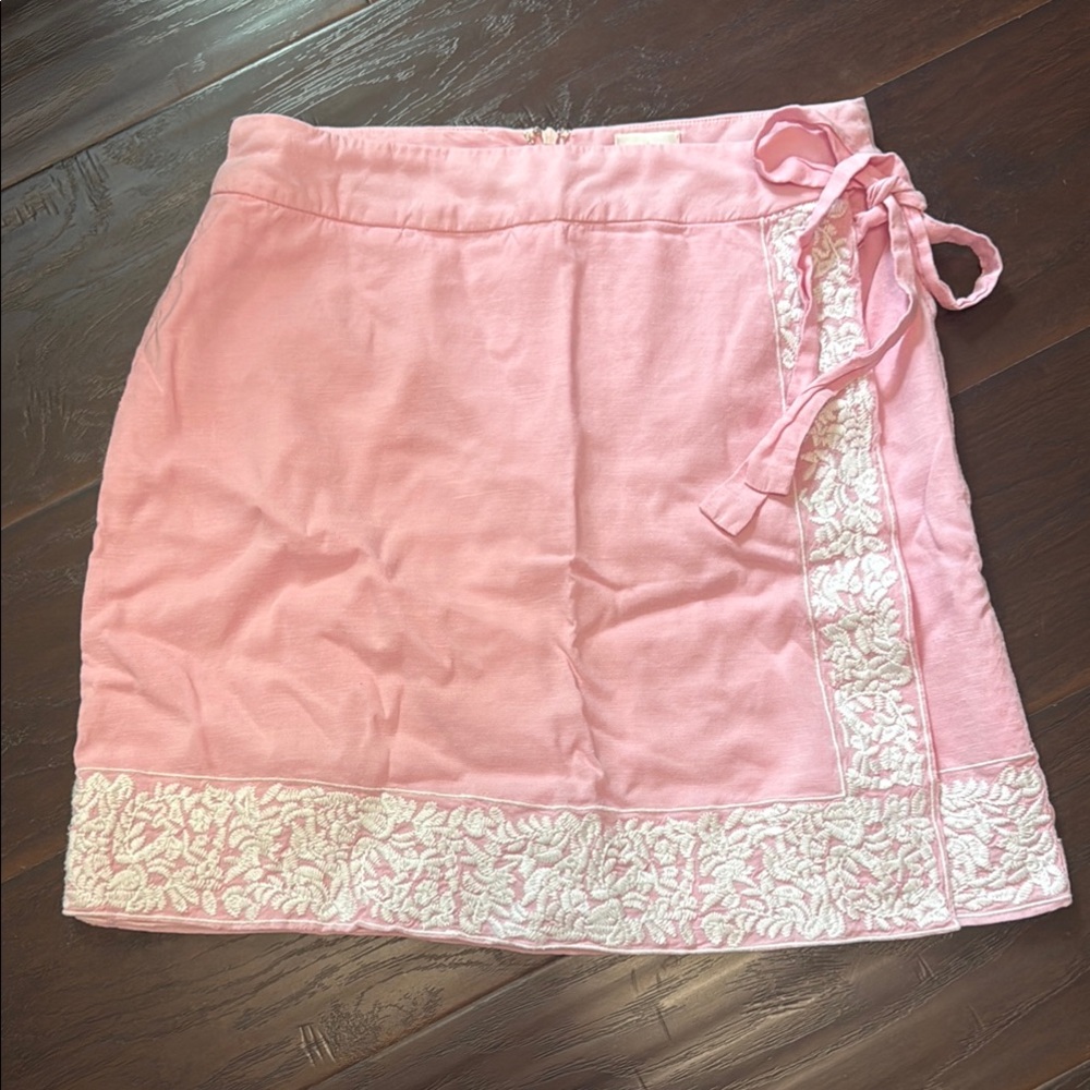 J. Marie Pink Wrap Skirt with White Embroidery